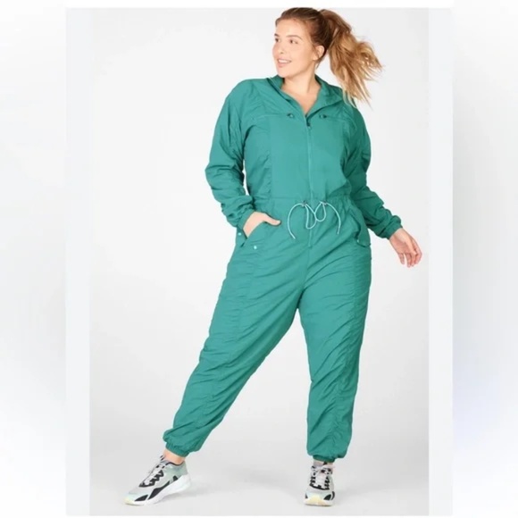NWT!! Fabletics McKenzie Woven Jumpsuit Women 2X Green Nylon Ruched Drawstring - Picture 1 of 12